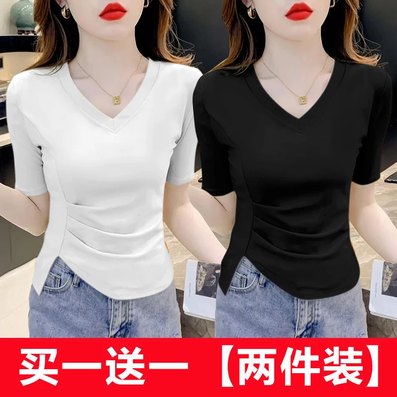 单/两件韩版v领正肩短袖T恤女夏不规则修身显瘦褶皱遮肚打底衫潮