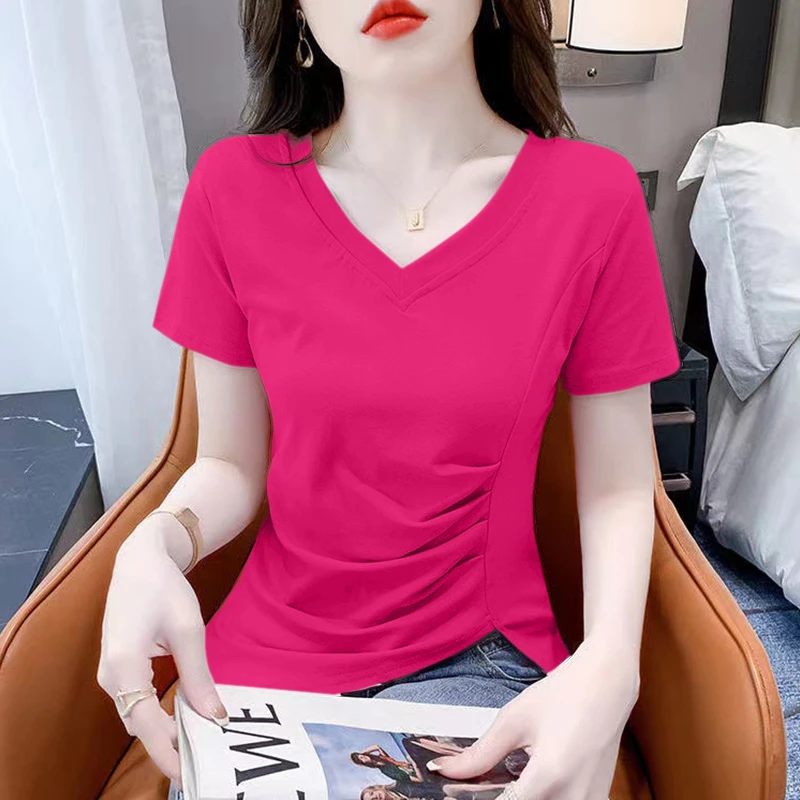 洋气夏装韩版新款修身显瘦短袖t恤女纯色不规则褶皱V领打底衫上衣