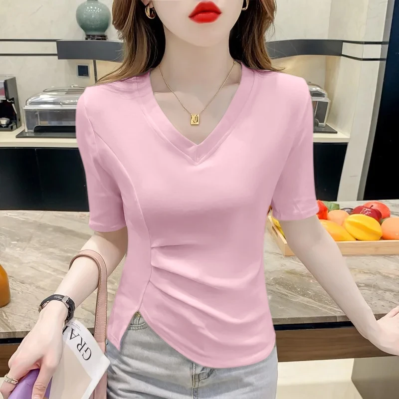 百搭微胖mm梨形纯色短袖T恤女夏季设计感小众褶皱不规则V领上衣潮