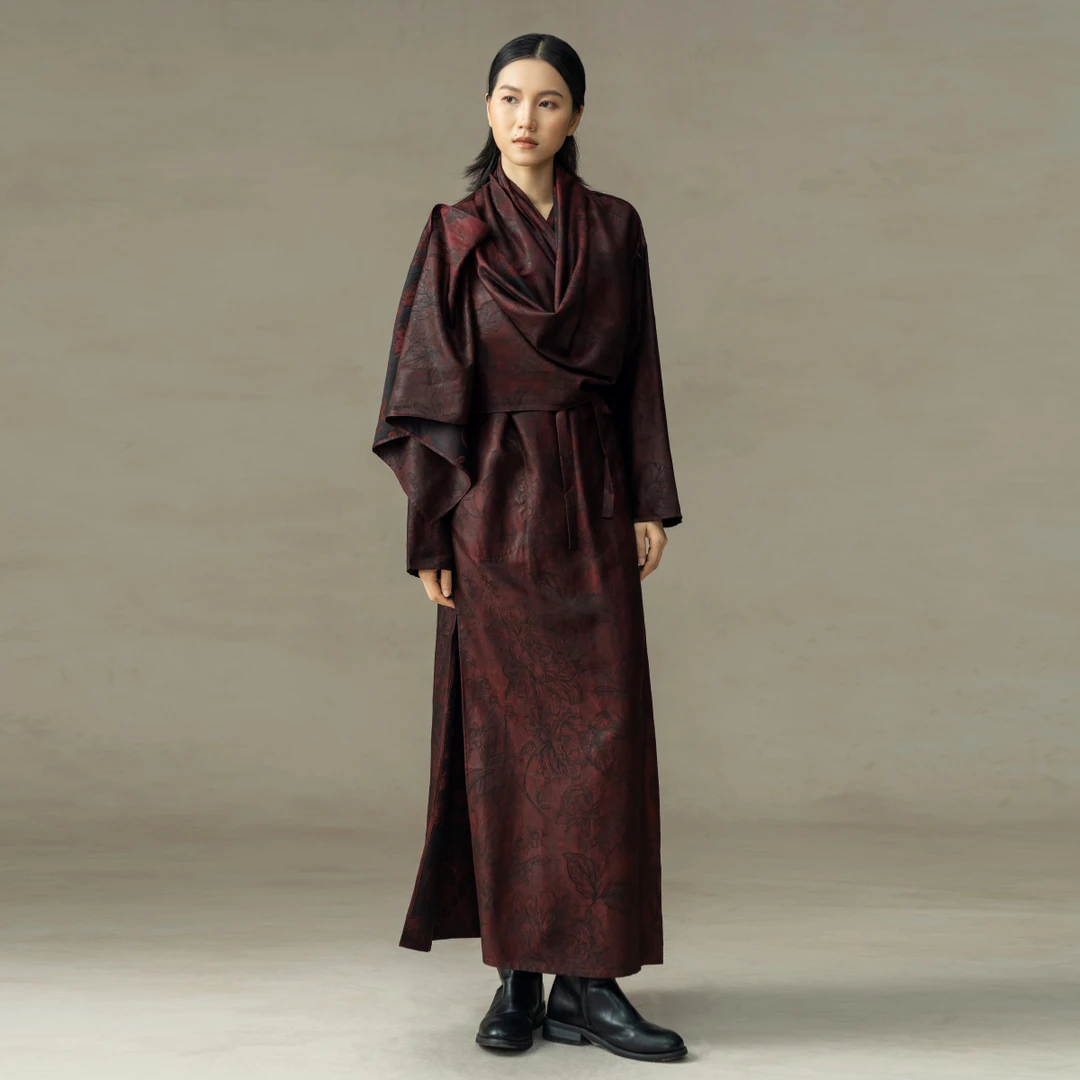 【走心非遗香云纱】长外披23ZY31260157印花牡丹重磅提花复古国风