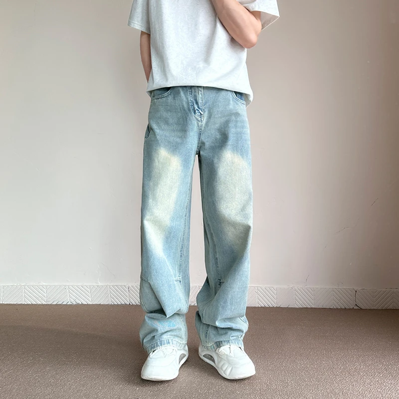 潮流复古牛仔裤男美式宽松直筒高街长裤子春夏休闲百搭港风阔腿裤