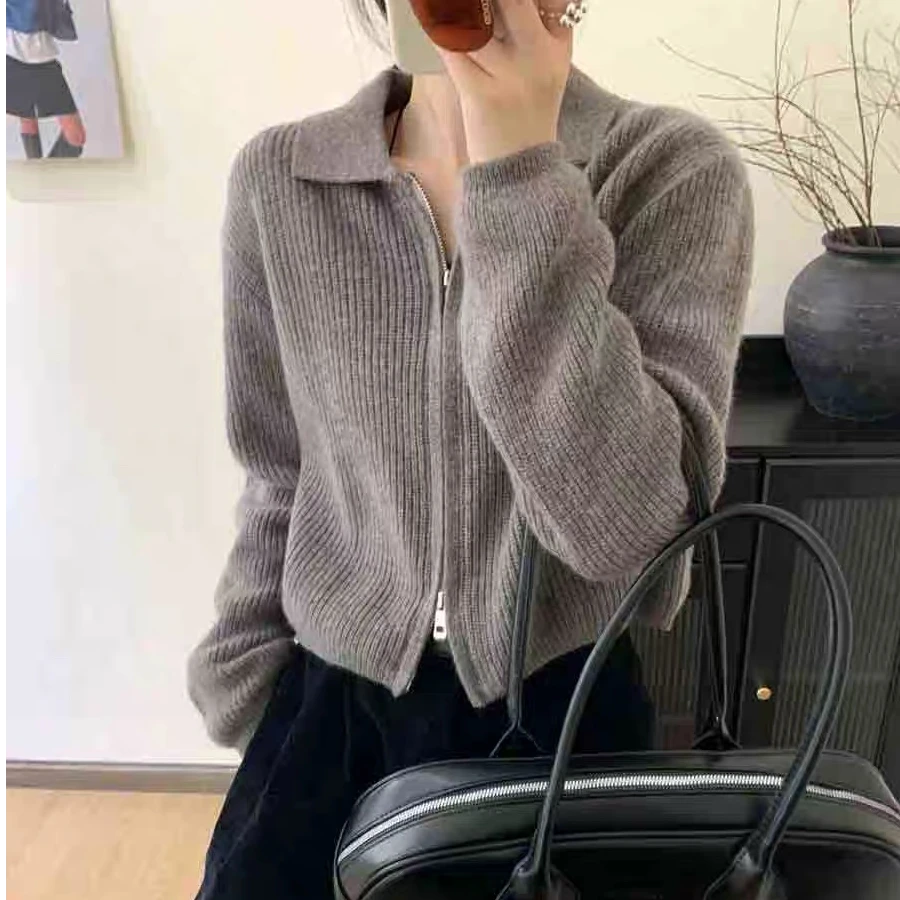 全毛开衫短款POLO领长袖针织时尚休闲百搭秋冬加厚翻领