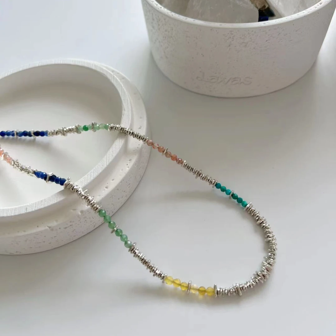 链子925银仿水晶 S925纯银多巴胺彩色串珠碎银子锁骨项链ins小众