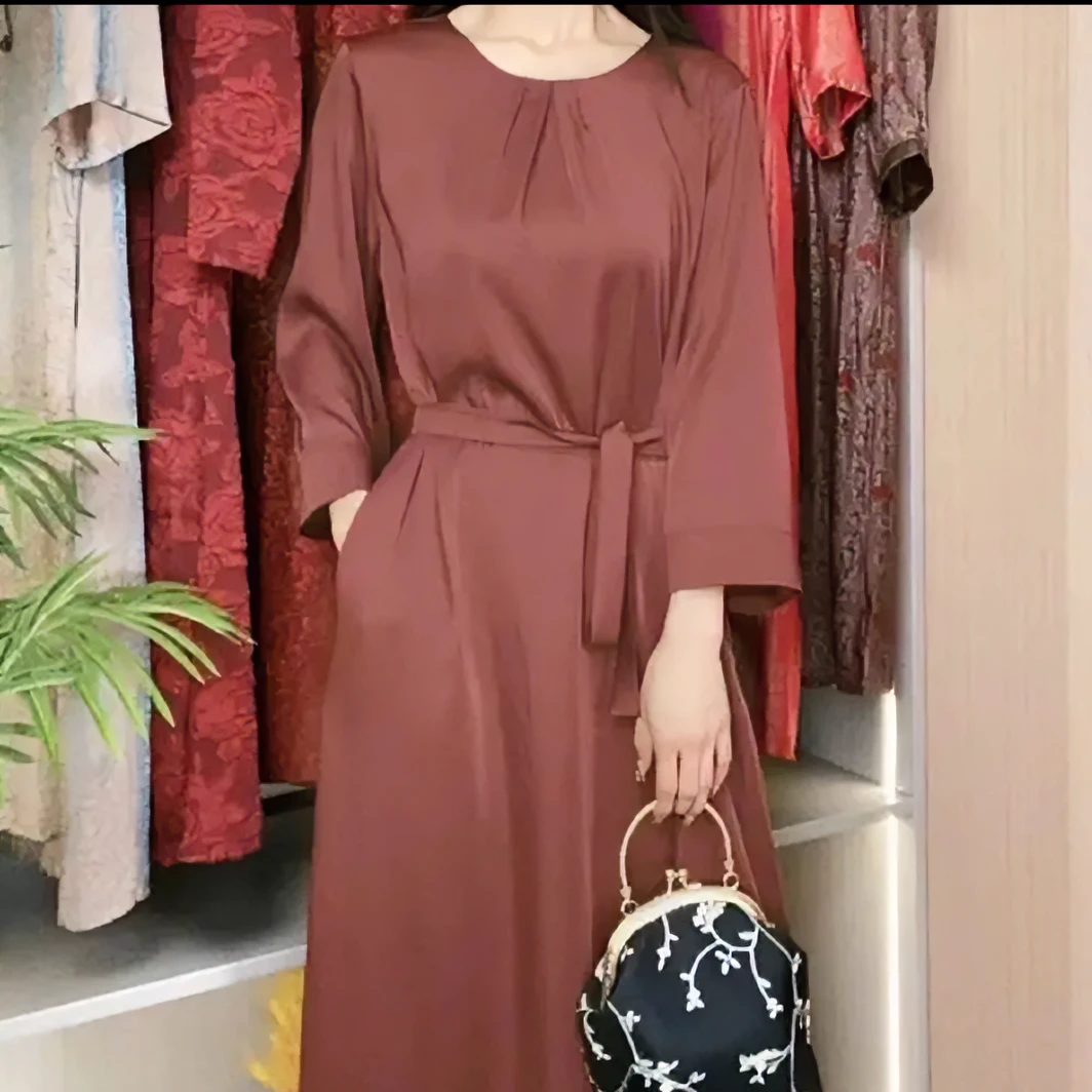 409（酒红立领）高端订制连衣裙 休闲女士夏季复古宽松立领