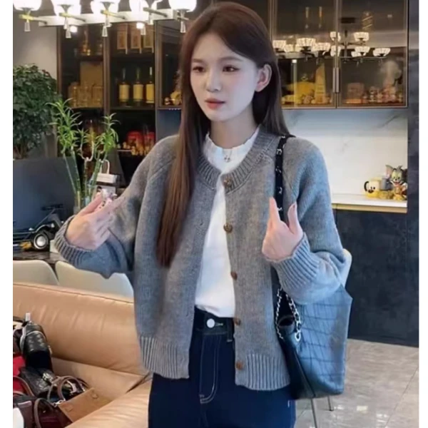 【绵羊毛高级灰】时尚圆领毛衣外套女2024秋季新款宽松针织开衫洋气