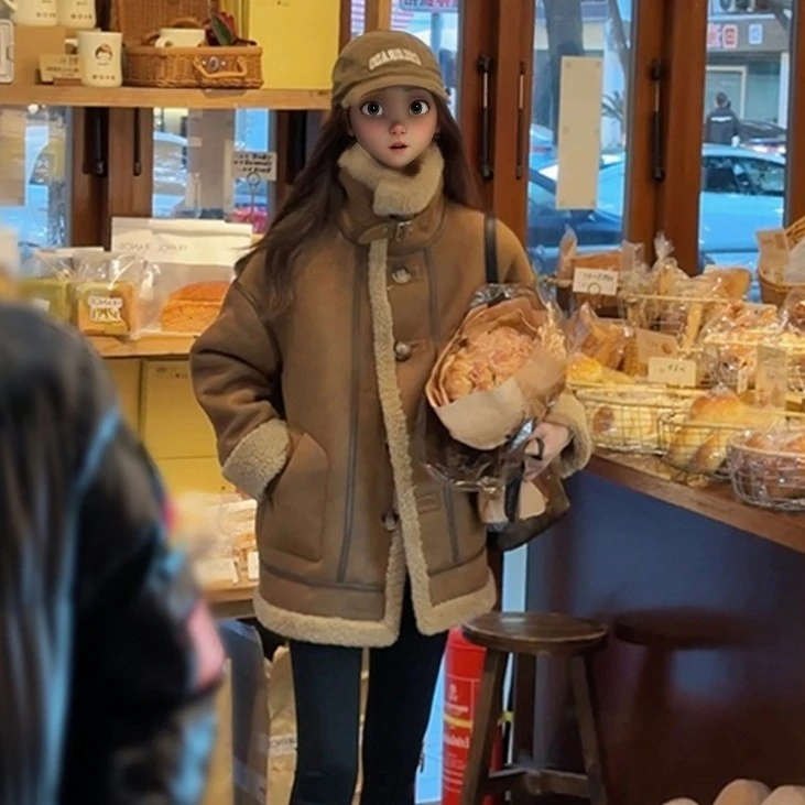 皮毛一体羊羔毛外套女冬季加厚保暖韩系宽松立领两面穿皮衣机车服