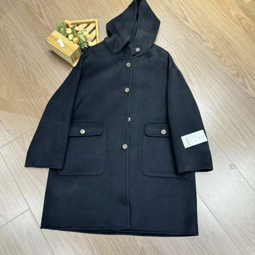 米姗秋冬时尚韩版中长款连帽大衣外套