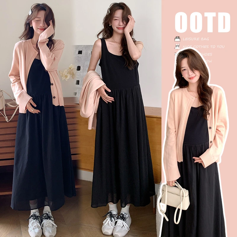 【恬恬】孕妇粉色毛衣开衫+黑色背心裙两件套孕妇装#2506