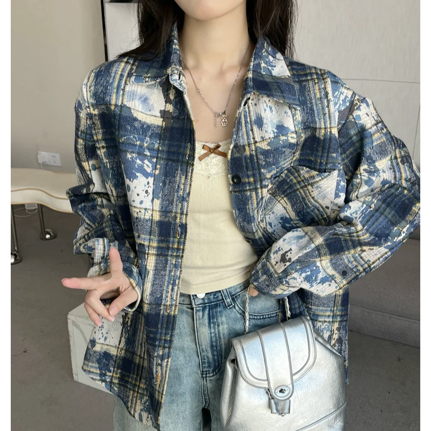 格子衬衫女潮流宽松上衣秋冬毛呢