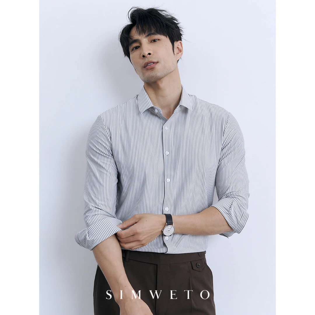 无痕抗菌长袖衬衫修身男士春季新款职场通勤高档抗皱免烫条纹衬衣