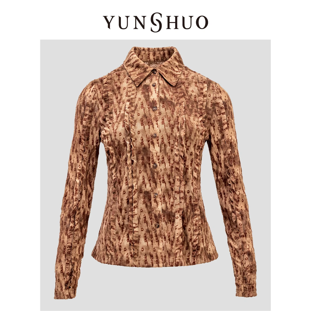 YUNSHUO允硕秋冬新品印花木耳边女修身简约气质百搭衬衣339781