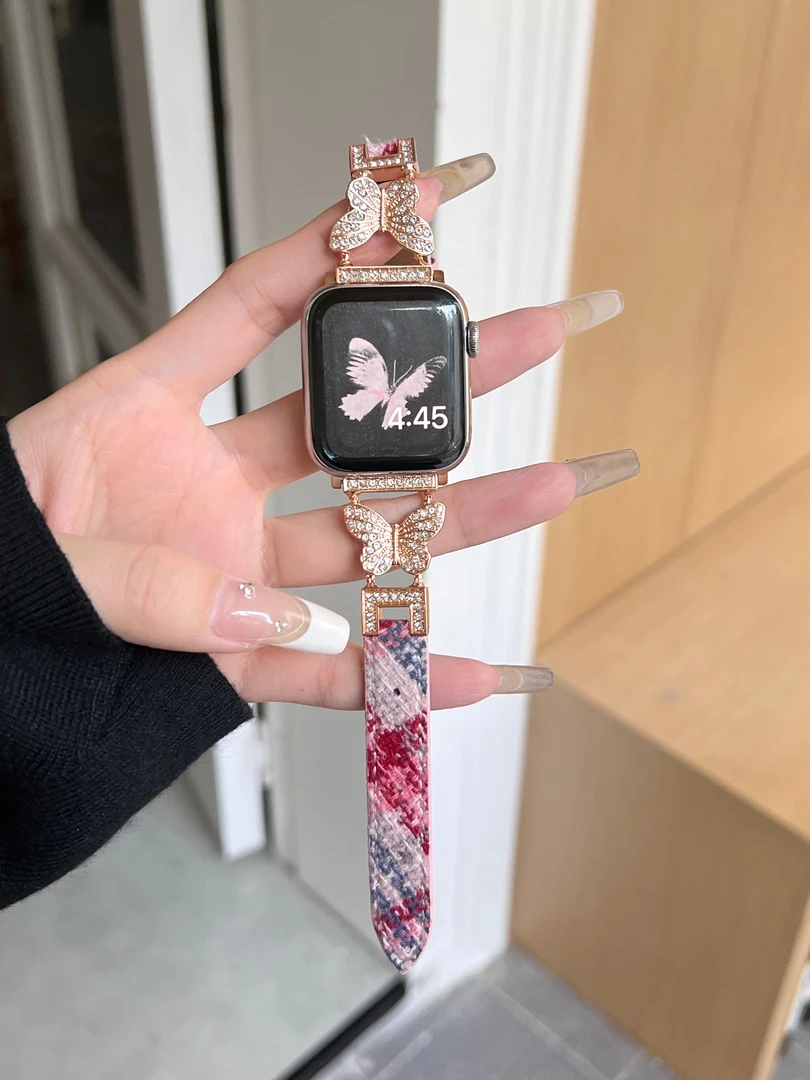 蝴蝶细钻金属表带适用S8iwatch7654SE苹果手表带s9毛呢表链华强北