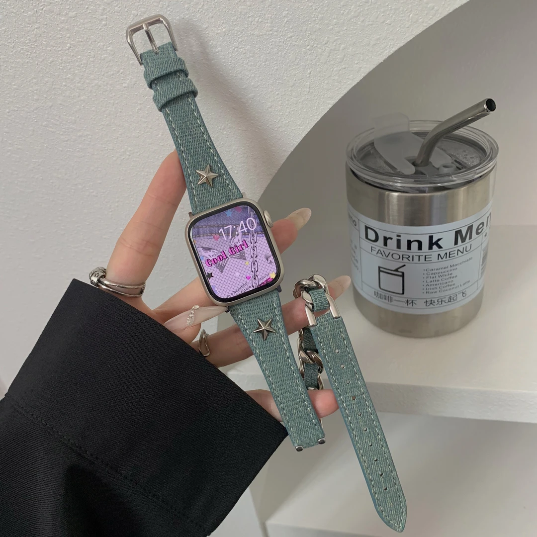 适用苹果手表iwatchS987654SE2小香风牛仔双圈女款表带华强北s9s8