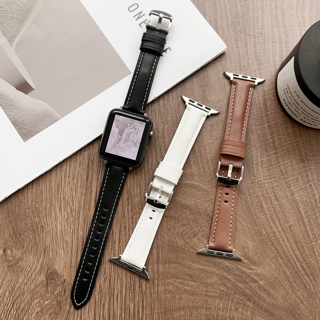 适用苹果Appleiwatch简约细表带小蛮腰iwatch98765se代女款式真皮