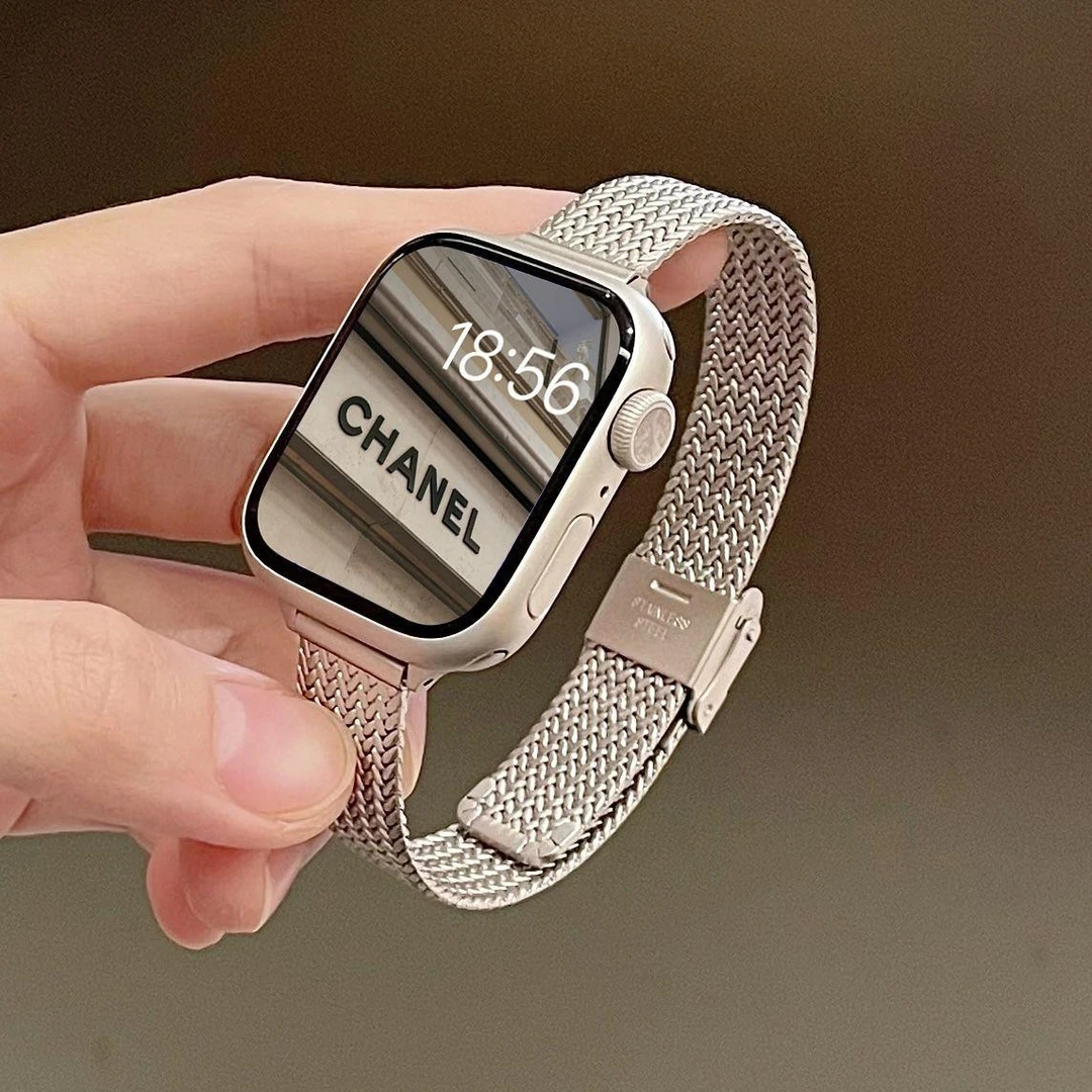 适用苹果手表带applewatch7/6/5/4/3代se表带高级感细边麦穗金属