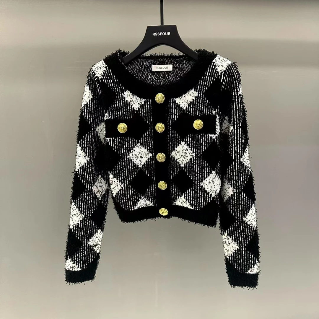 小香风撞色菱格针织开衫外套女2024秋冬新款加厚上衣