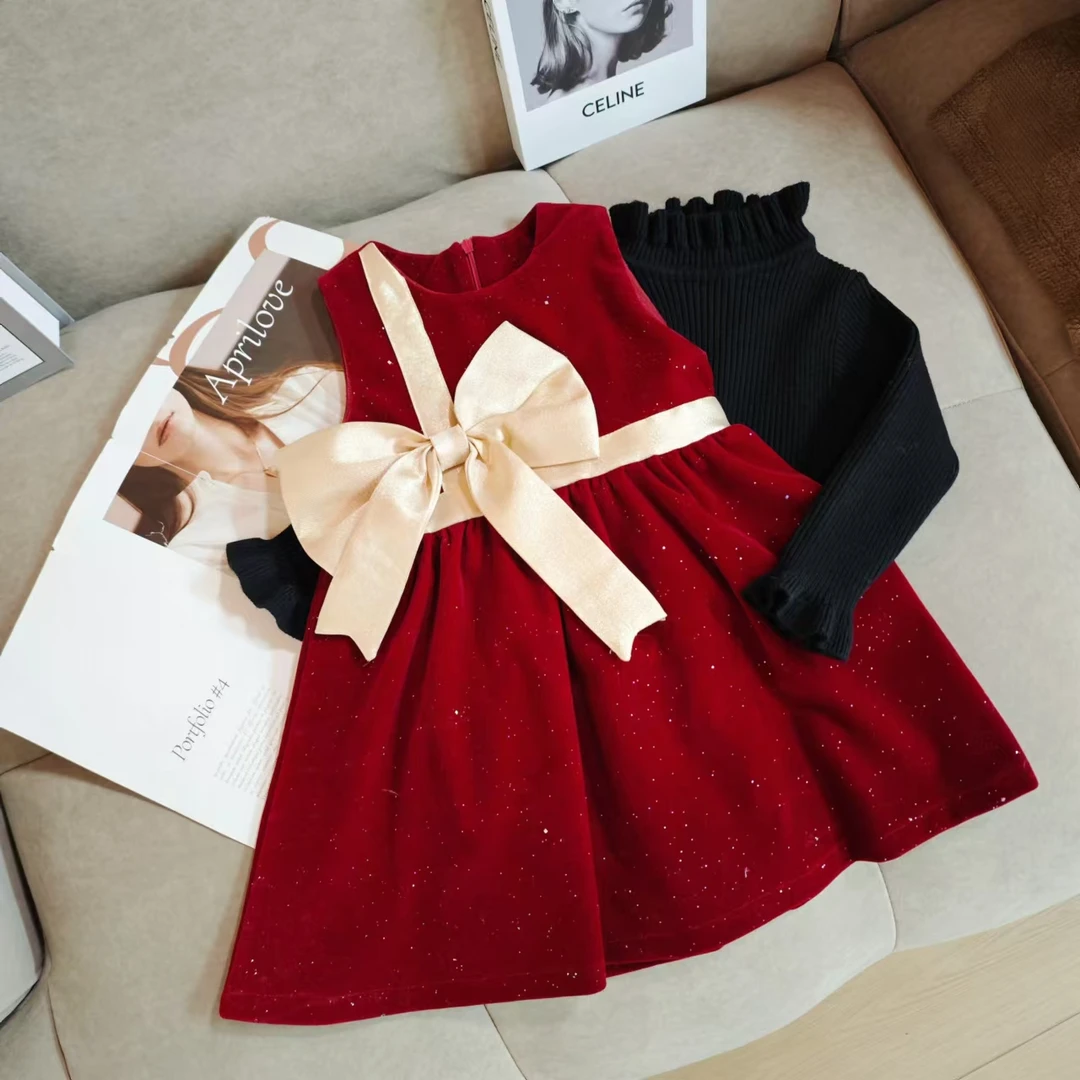 女童红色连衣裙2024新款冬装宝宝加绒背心裙儿童洋气公主裙新年装