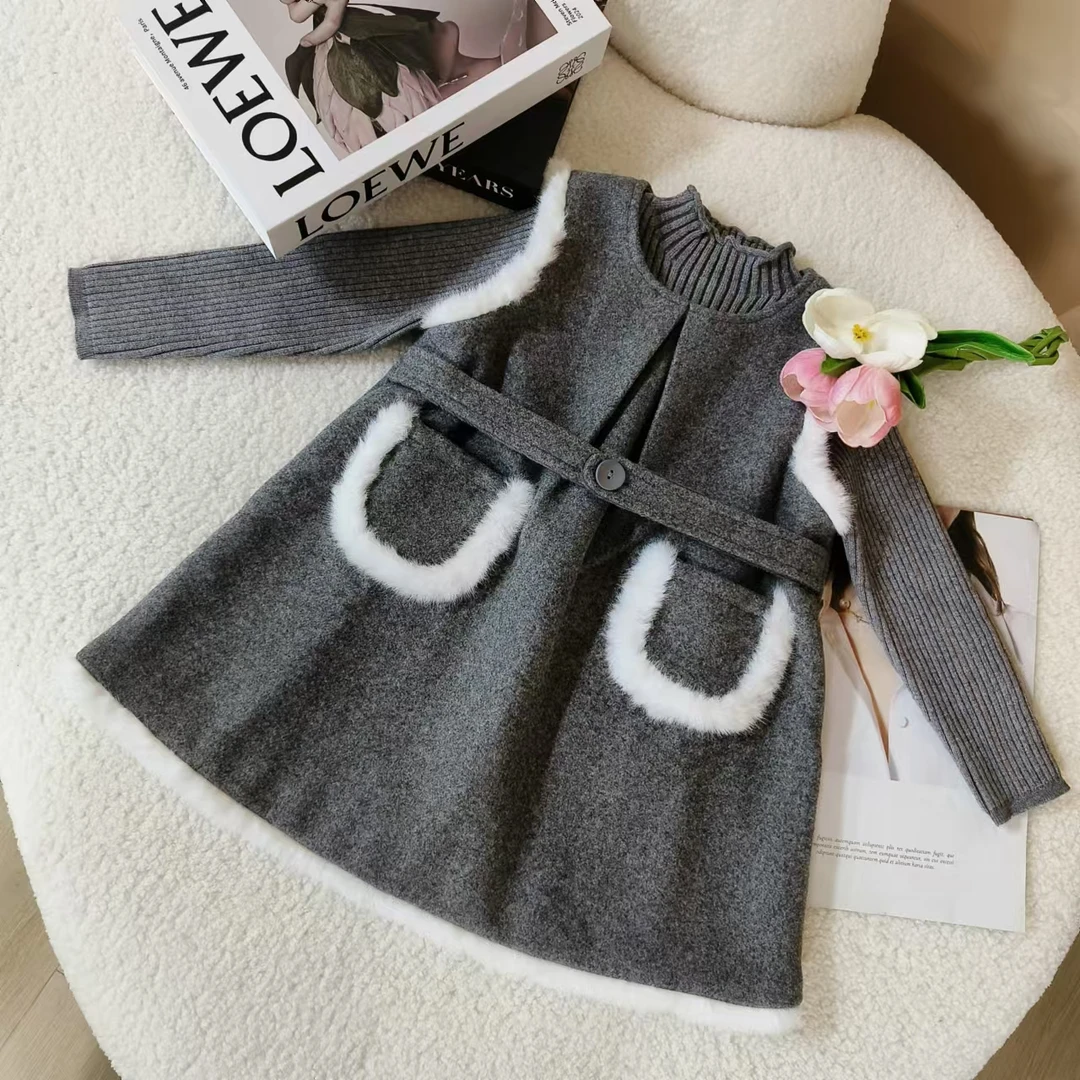 2024年童装女童加绒连衣裙秋冬洋气小香风女童时髦灰色毛呢背心裙