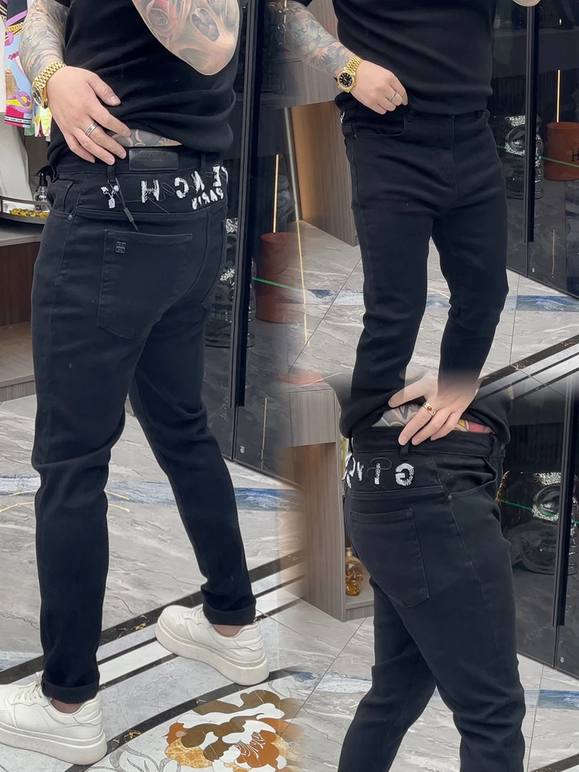 SH轻奢时尚高端男士高弹刺绣简约休身小脚牛仔裤