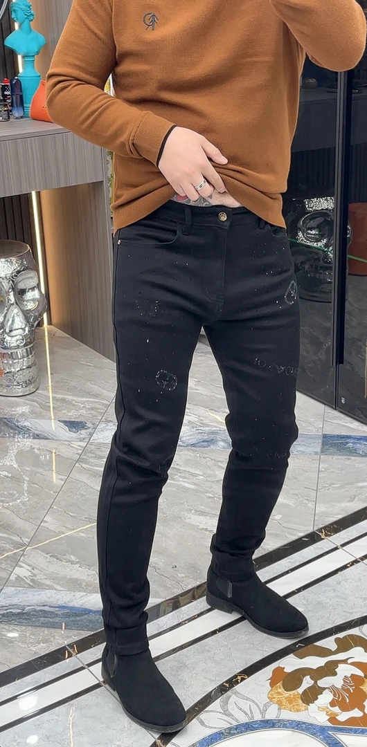 SH轻奢时尚高端潮流男士烫钻黑色休闲小脚牛仔裤