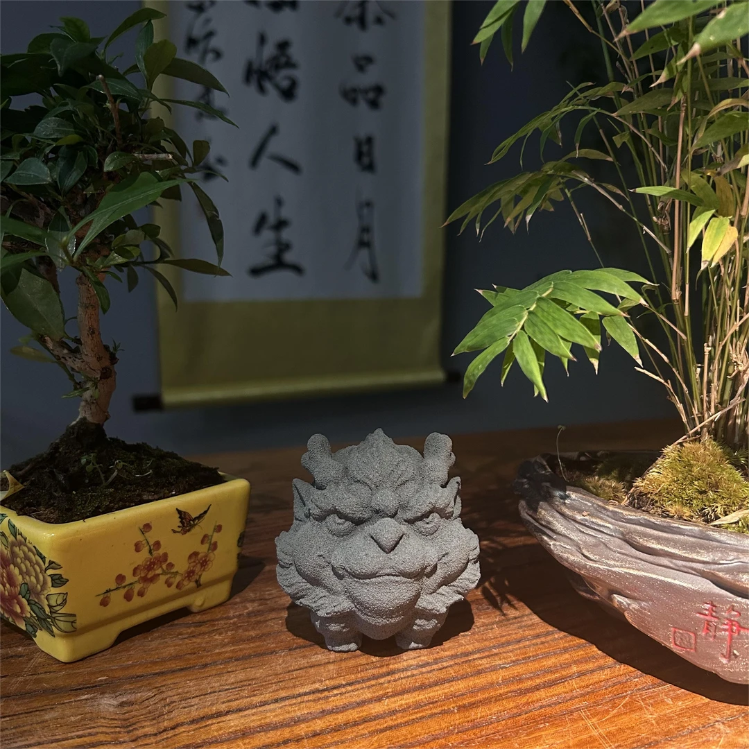 新石材灰砂石麒麟茶宠摆件貔貅茶玩高级鱼缸造景茶桌必备茶台吉祥