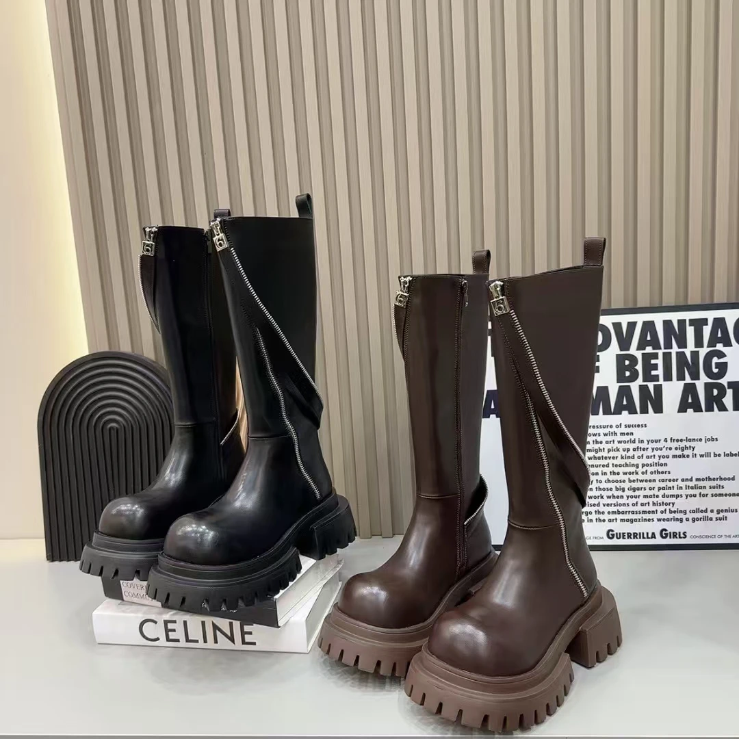 唐小肉潮搭996-11黑色长筒厚底加绒英伦风骑士靴小众设计师款拉链