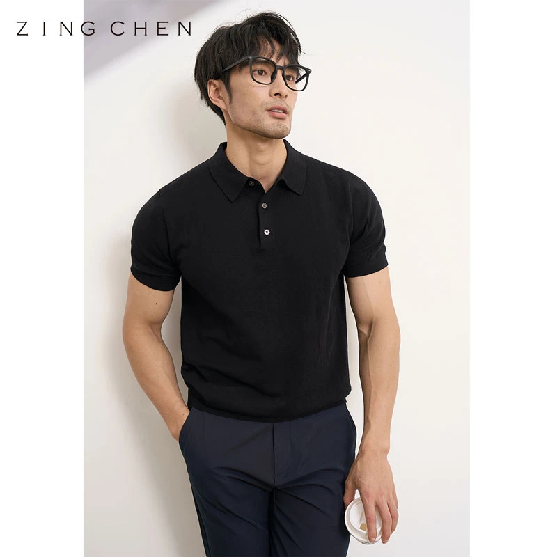 ZINGCHEN【可机洗棉山羊绒】男士针织短袖Polo衫男 翻领短袖T恤