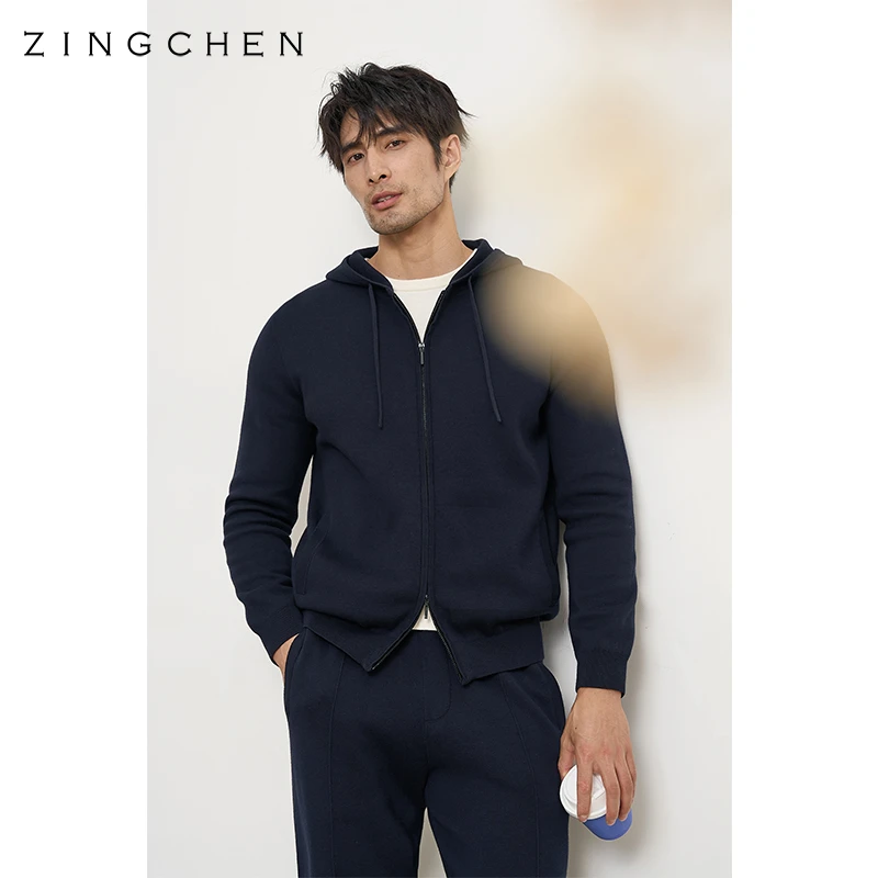 【可机洗棉山羊绒】ZINGCHEN 拉链连帽卫衣男 cleanfit简约针织卫衣