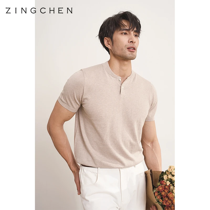 【干爽透气亚麻棉】ZINGCHEN亨利领短袖t恤男 夏季棉麻针织tee