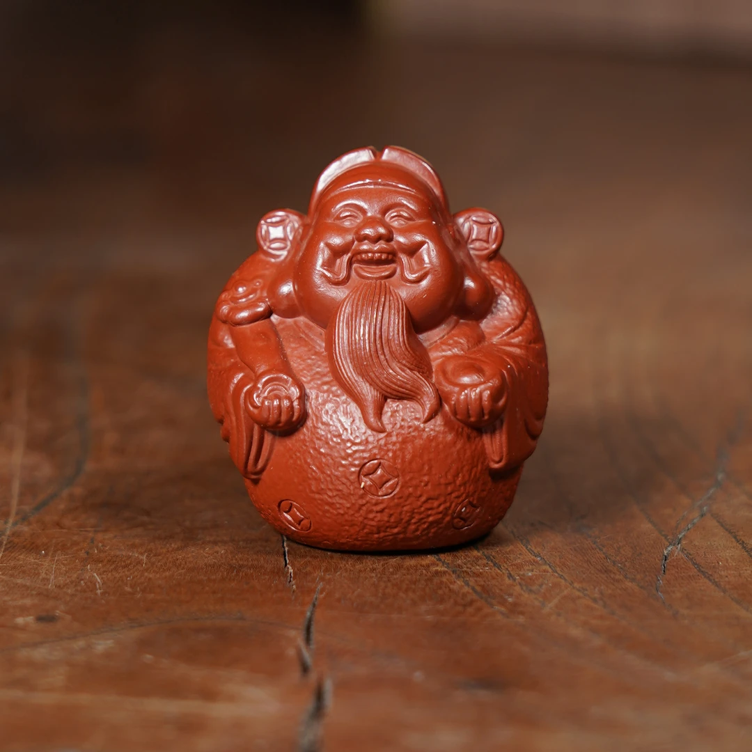 宜兴原矿朱泥大红袍雕塑如意财神紫砂手工茶宠茶玩茶道摆件