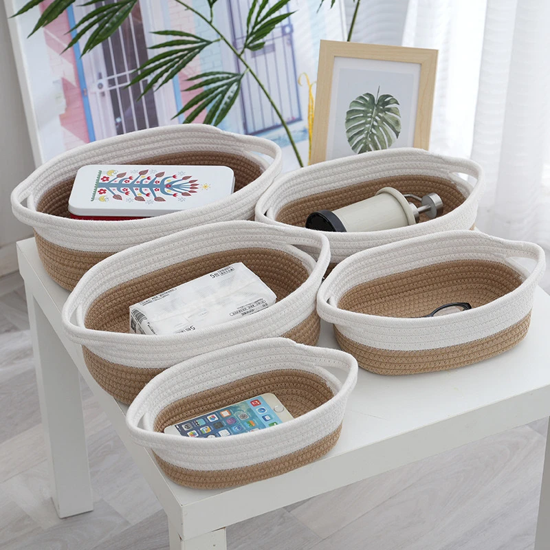 简约手工棉绳编织收纳篮家用杂物玩具化妆品玄关收纳纯棉五件套