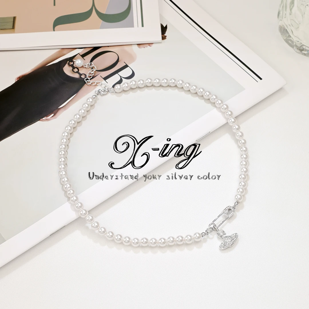 铜合金仿珍珠项链 冷白色珠6mm土星环吊坠合成立方氧化锆百搭QX4