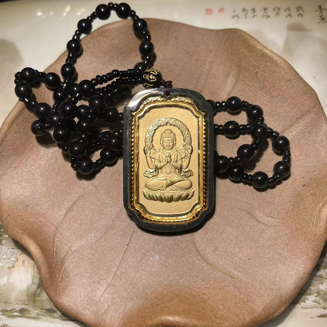 天然和田玉足金镶嵌观音吊坠 男士吊牌 HZ