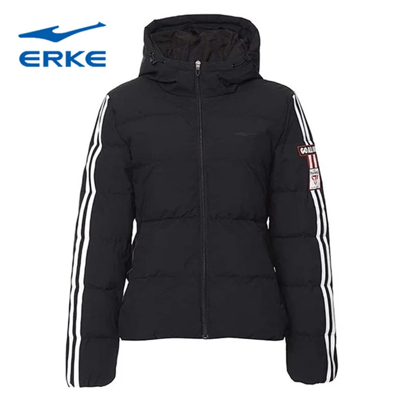 ERKE/鸿星尔克羽绒服女款短款秋冬黑色连帽保暖冬季女士防风加厚