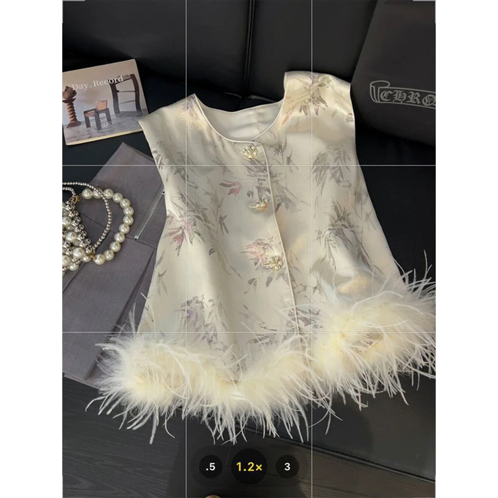 新中式竹子提花马甲背心羽毛拼接高级感2024秋季新款气质国风上衣