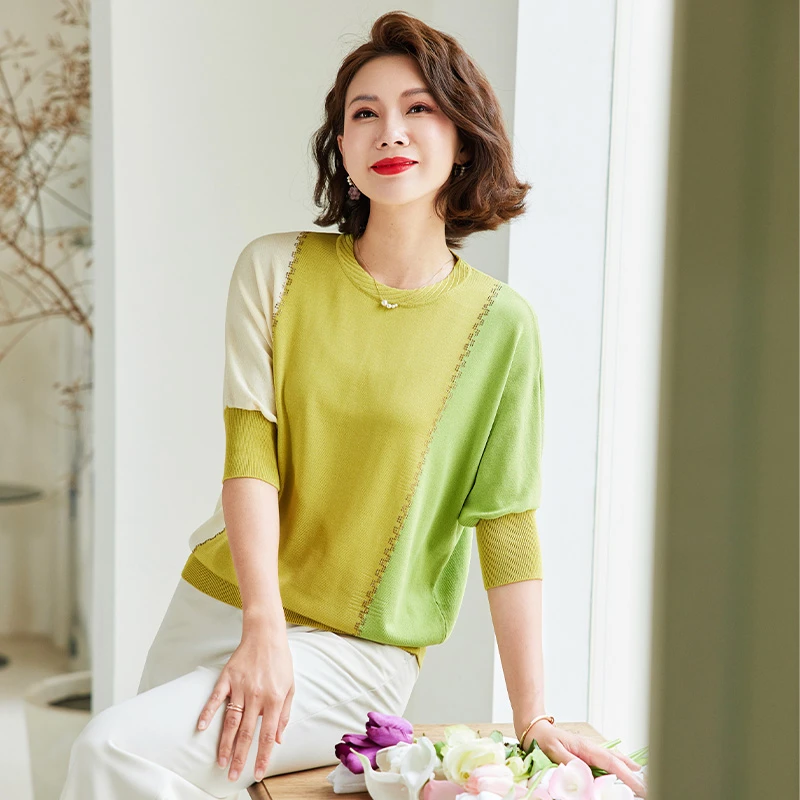2023新款夏季中老年妈妈针织短袖T恤薄款撞色小衫夏装宽松上衣女