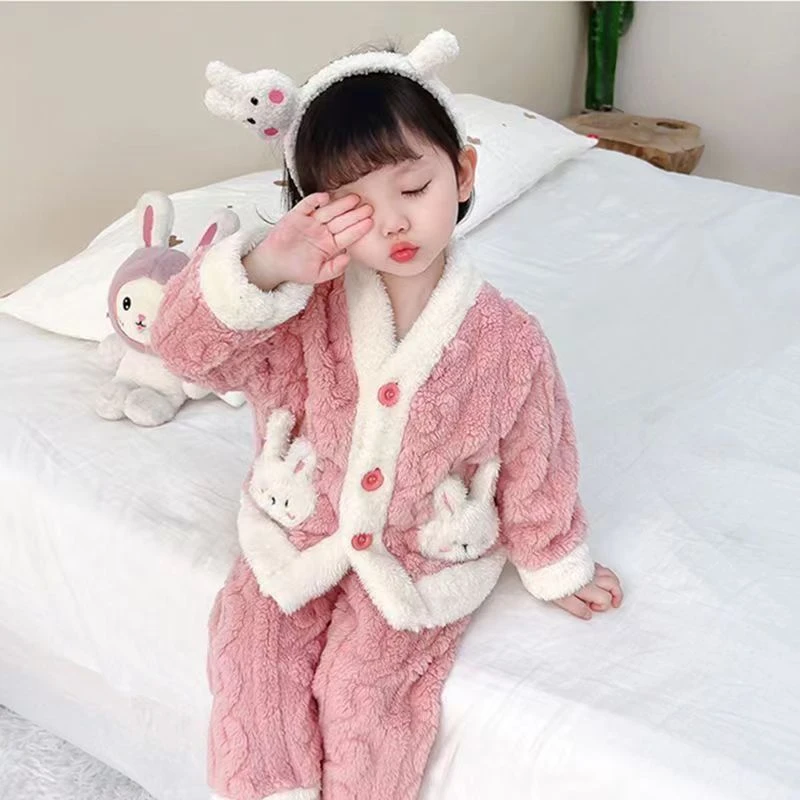 冬款法兰绒睡衣套装儿童珊瑚小童家居服衣保暖宝宝加绒加厚