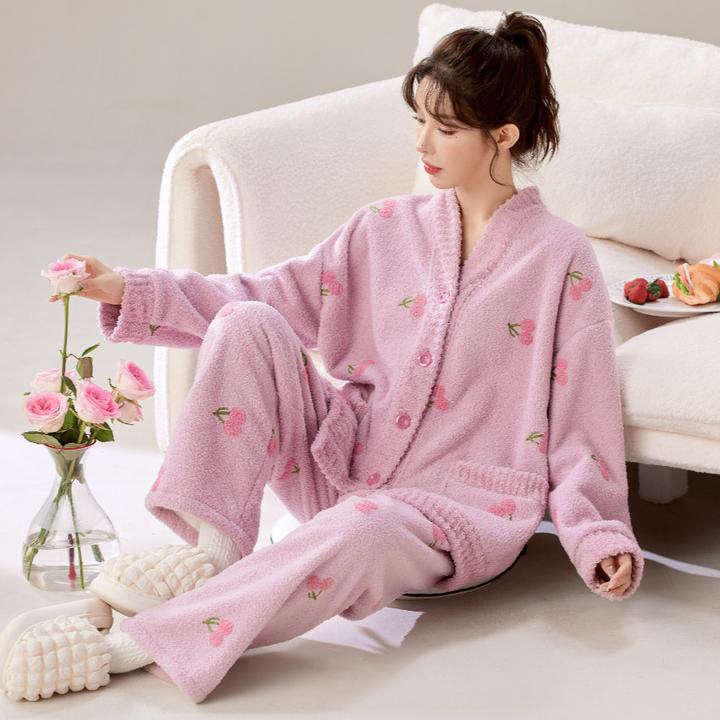 女士睡衣秋冬季可外穿韩版加绒加厚珊瑚绒保暖家居服大码套装