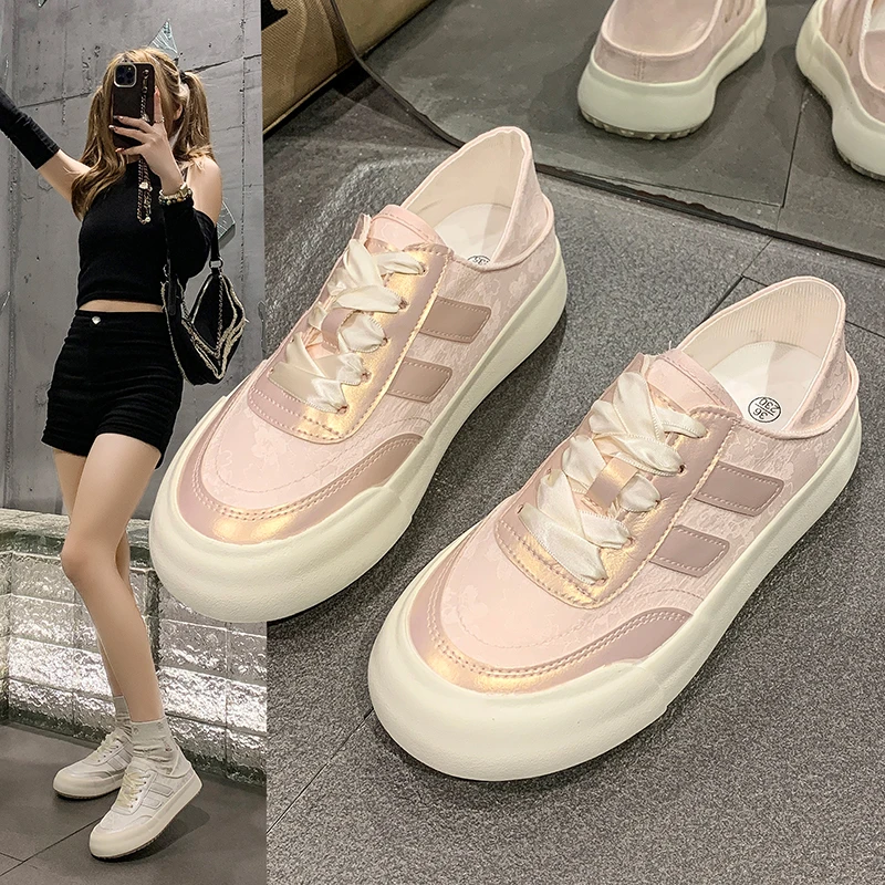 厚底帆布鞋女款2024春夏新款鞋子女鞋配裙子缎面德训鞋百搭小白鞋