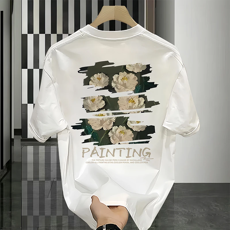 美式夏季潮流百搭圆领短袖T恤设计感印花宽松男士打底T恤白色上衣