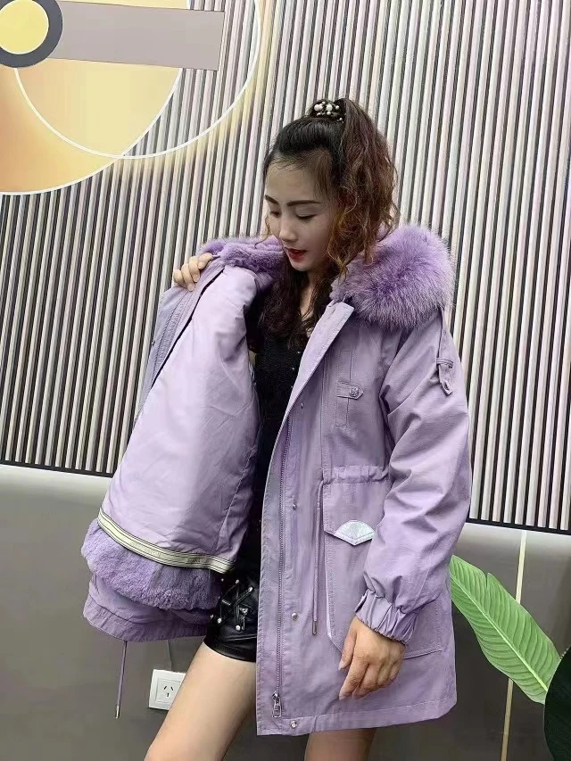 线下1099！QC108冬季保暖可拆卸兔毛內胆貉子毛领外套女款连帽秋冬