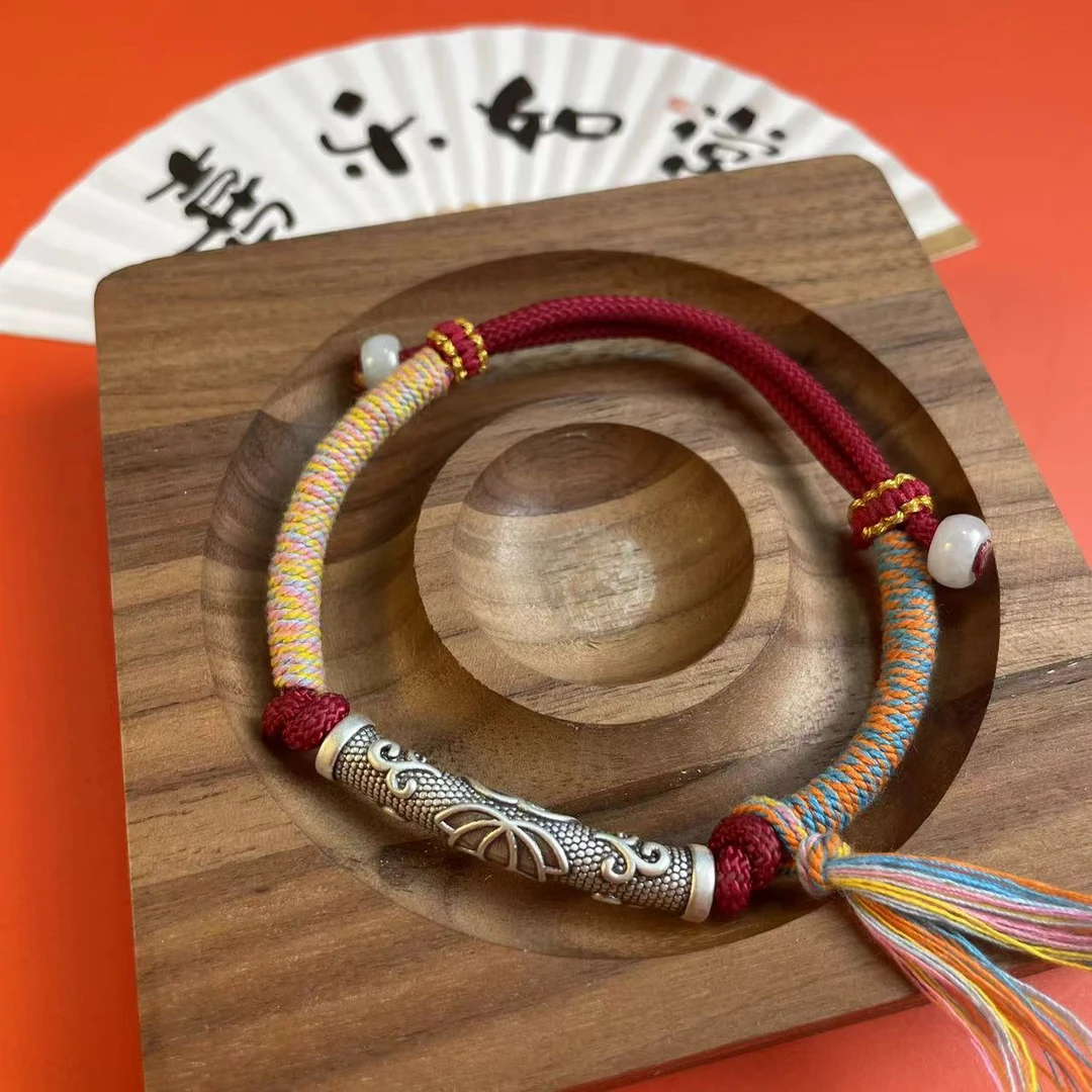 足银银制品 999足银弯管莲花手链复古民族风手工国潮手编链