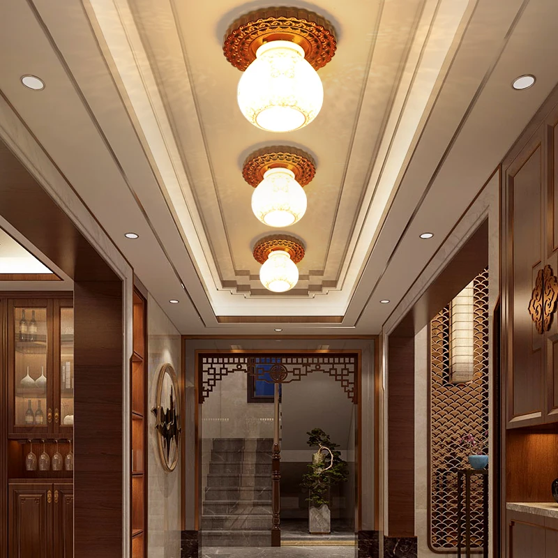 橡胶木实木过道灯中式中国风仿古雕花镂空陶瓷灯罩走廊玄关灯-D01