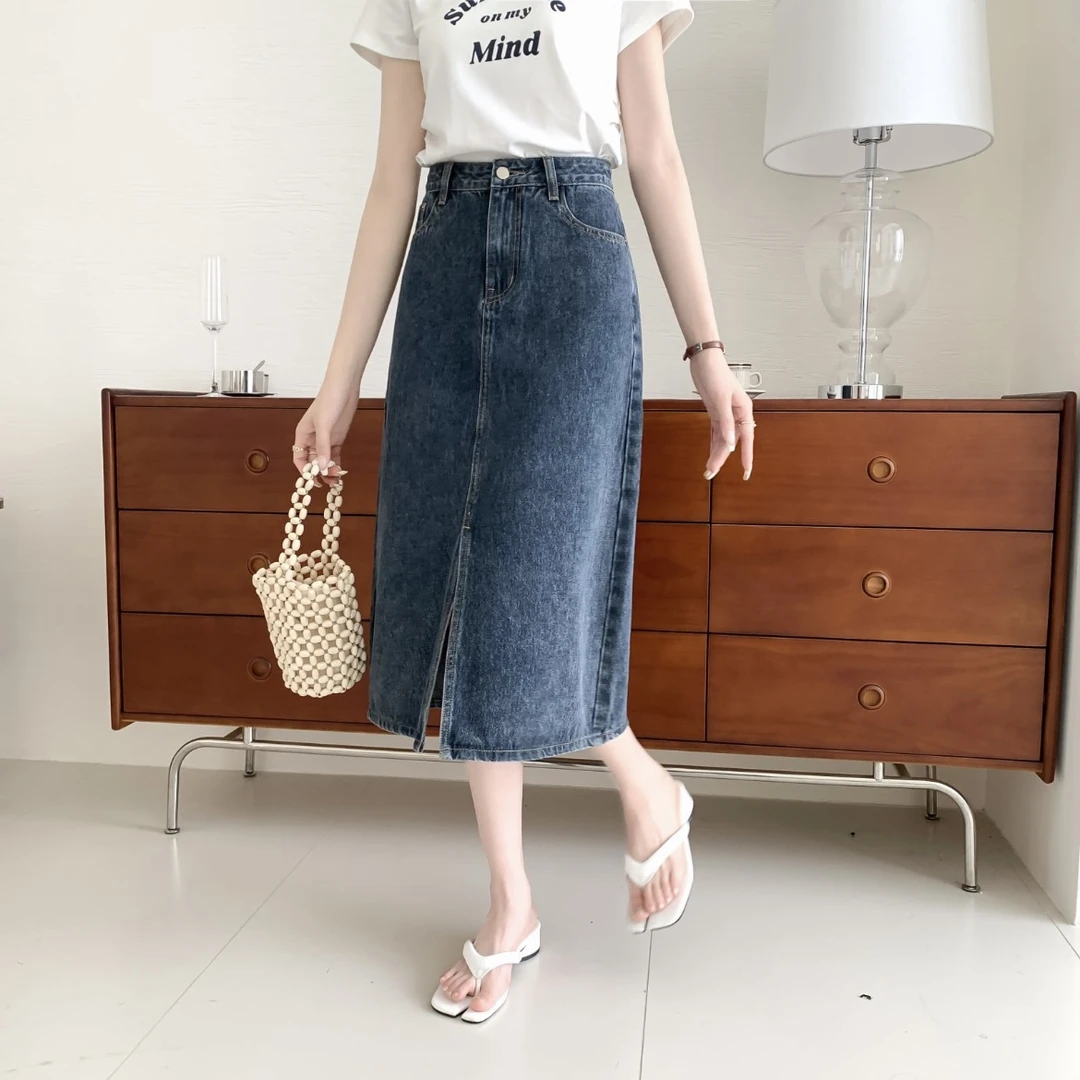 【2025爆款】微胖女装大码牛仔半身裙复古开叉裙新款牛仔裙显瘦