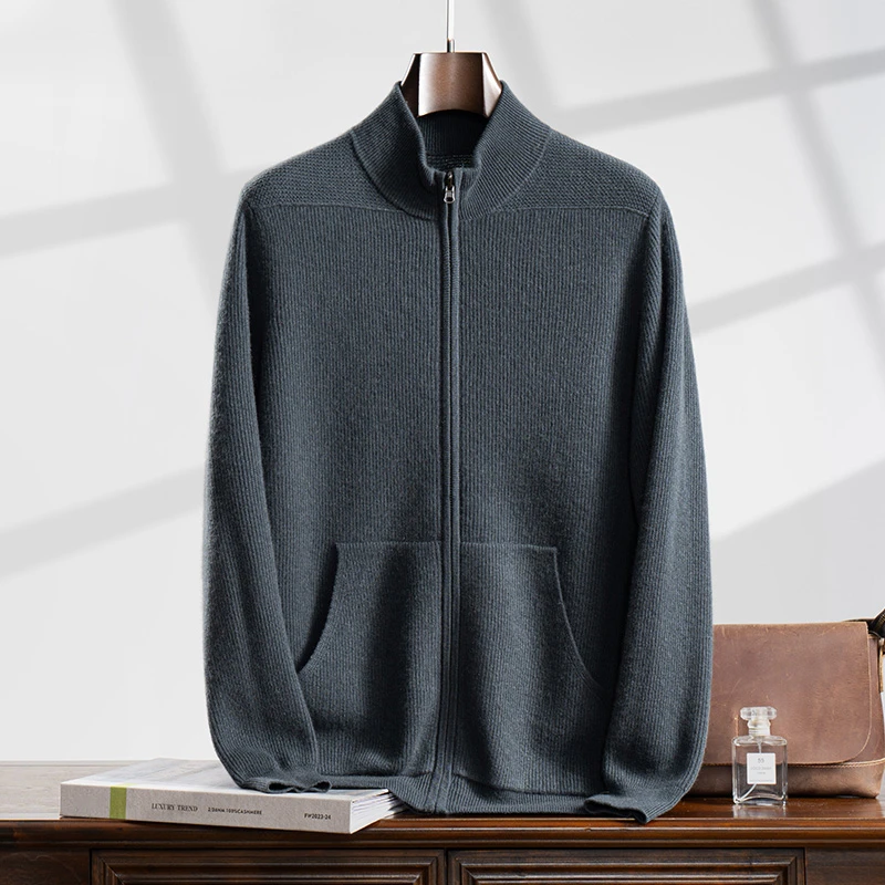 男士新款纯山羊绒保暖开衫带兜拉链半高领休闲时尚针织打底衫