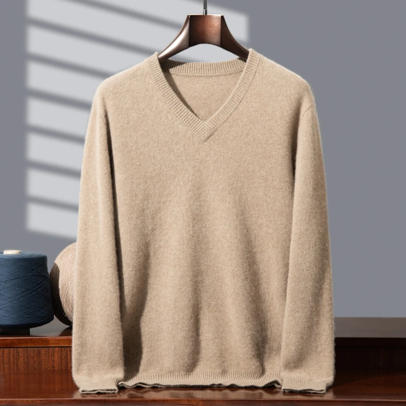 YRJ男士双股加厚套头V领100纯山羊绒毛衣商务剪标冬季打底衫
