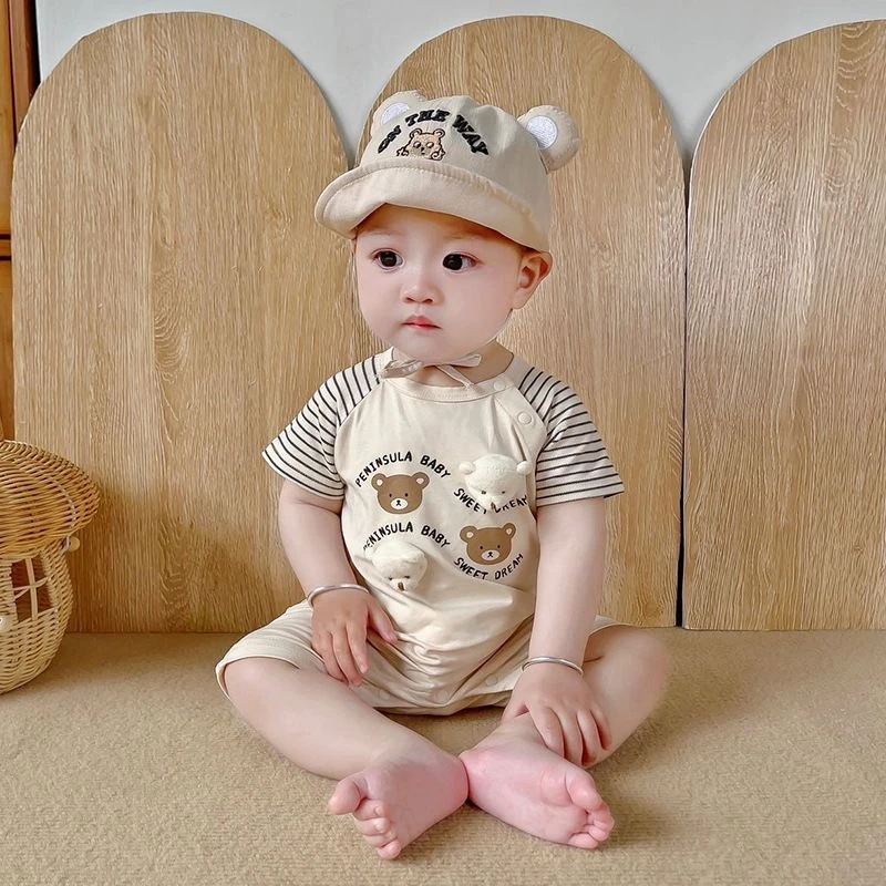 婴儿夏季薄款男女宝宝半袖连体衣立体小熊卡通超萌韩版爬爬服潮