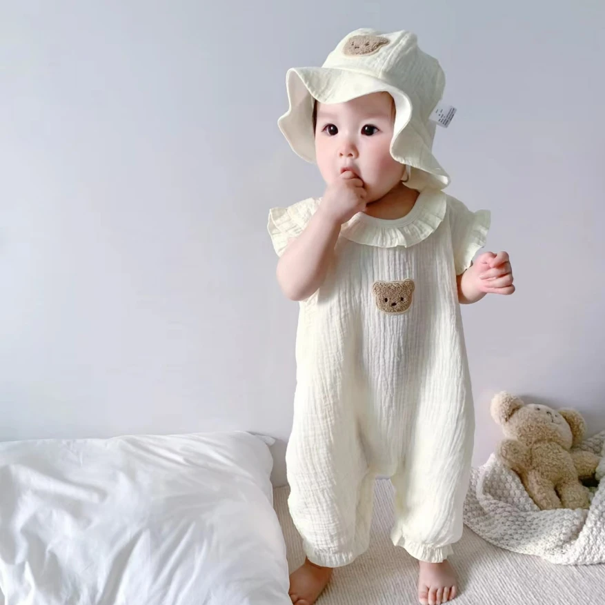 婴幼儿夏装透气无骨纱布飞袖套薄款新生儿连体衣男女宝宝可爱爬服