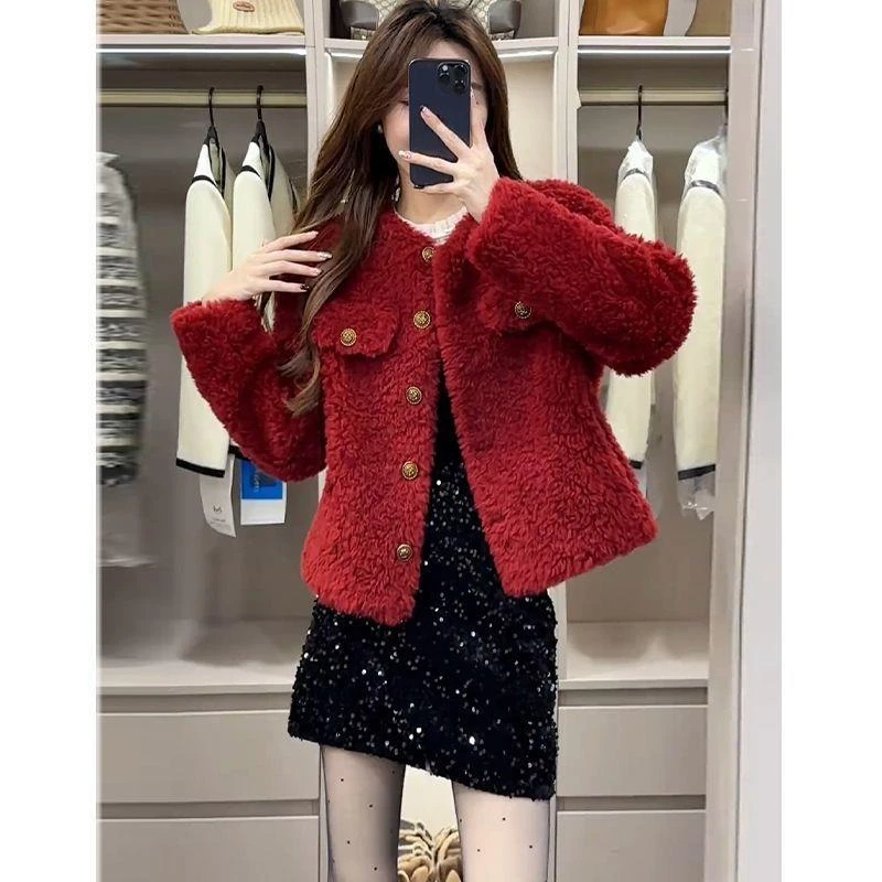 新年红色小香风短外套女秋冬季新款加厚宽松休闲仿羊羔毛开衫上衣