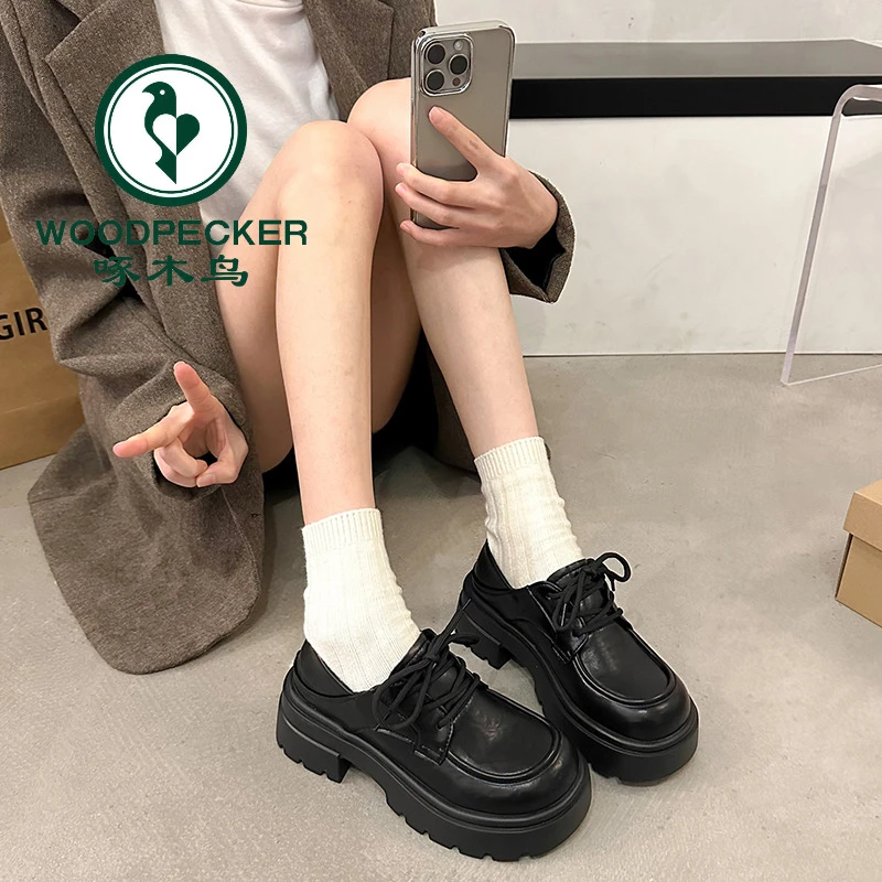 啄木鸟2025新款时尚百搭黑色jk单鞋松糕乐福鞋英伦风厚底小皮鞋女